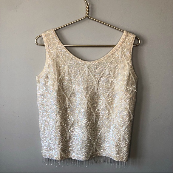 Vintage Imperial 1950's Ivory wool sequins & pearl fringe shell top M - Picture 1 of 10